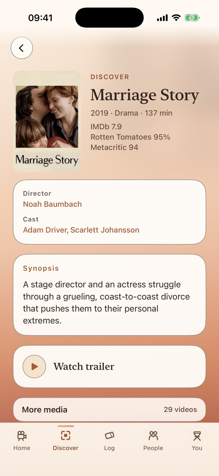 A film page in Golden Hour, on a warm cream ground: poster, year, genres and runtime, the IMDb, Rotten Tomatoes and Metacritic scores, a director and cast panel, the synopsis and a Watch trailer button.