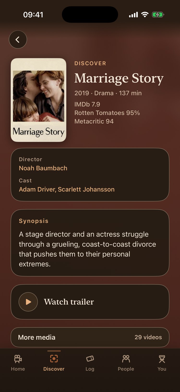 The same film page in Midnight, on a deep brown ground: poster, year, genres and runtime, the IMDb, Rotten Tomatoes and Metacritic scores, a director and cast panel, the synopsis and a Watch trailer button.