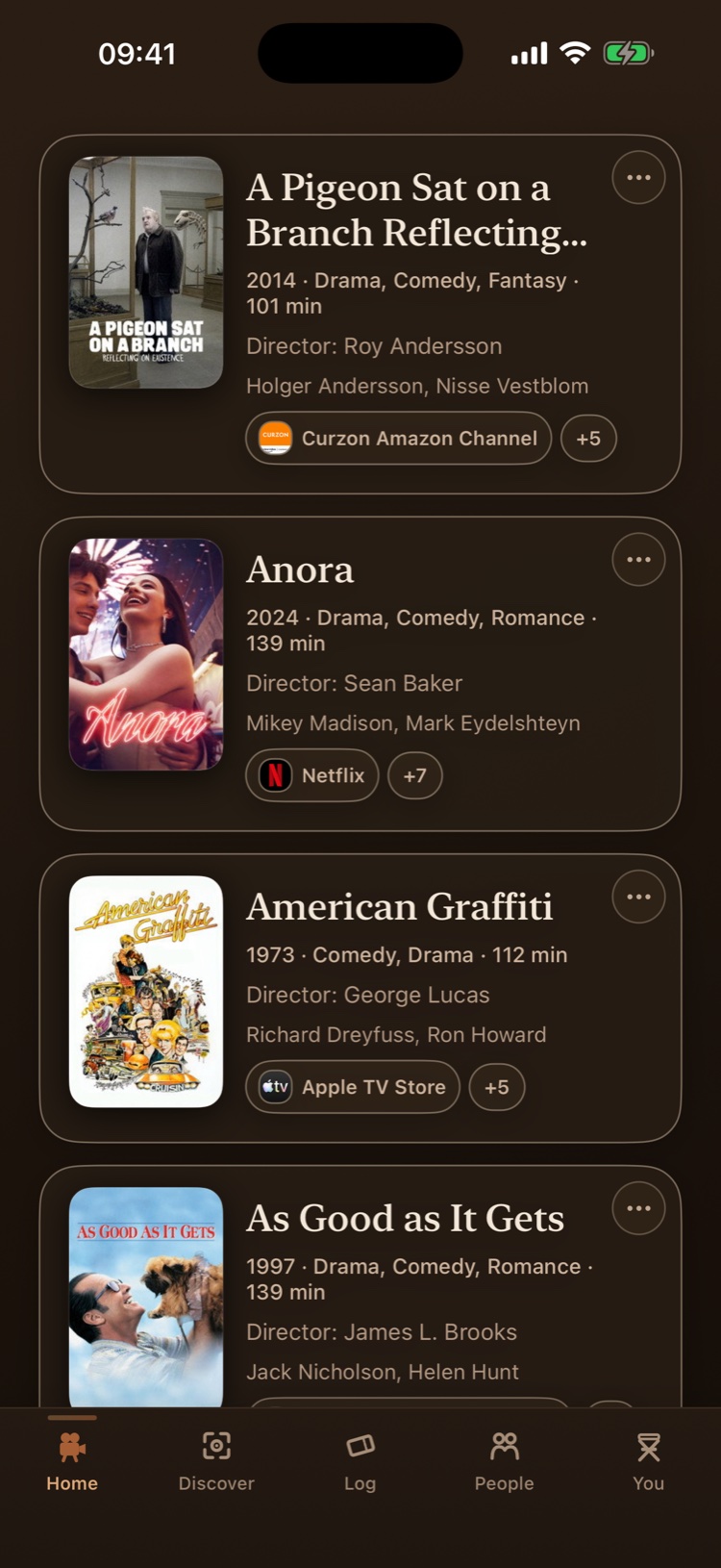 The Help me choose result: a list of suggested films, each with its poster, year, genres, runtime, director, leading cast and the streaming services it is on.