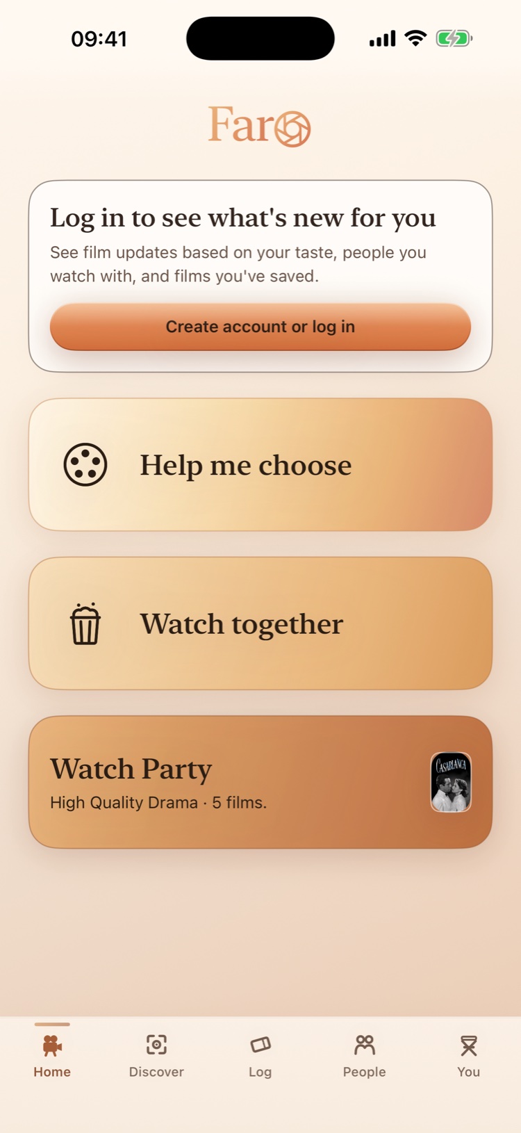 Faro's home screen: the Faro wordmark, a card offering to create an account or log in, and the three ways in — Help me choose, Watch together and a Watch Party list.