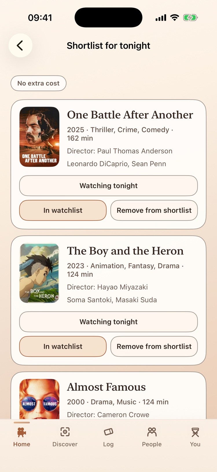 Shortlist for tonight: a No extra cost filter above the saved films, each with its poster, year, genres, runtime, director and leading cast, a Watching tonight button and buttons to keep the film in the watchlist or remove it from the shortlist.