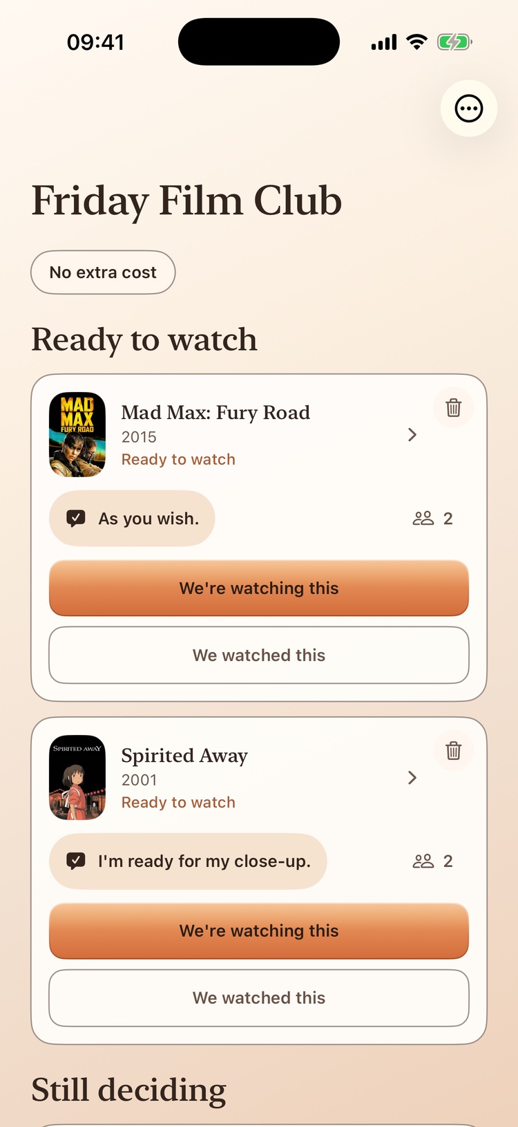A Watch Party list called Friday Film Club: two films under Ready to watch, each with a reaction, a response count and two buttons — We're watching this and We watched this — with the Still deciding section starting below.