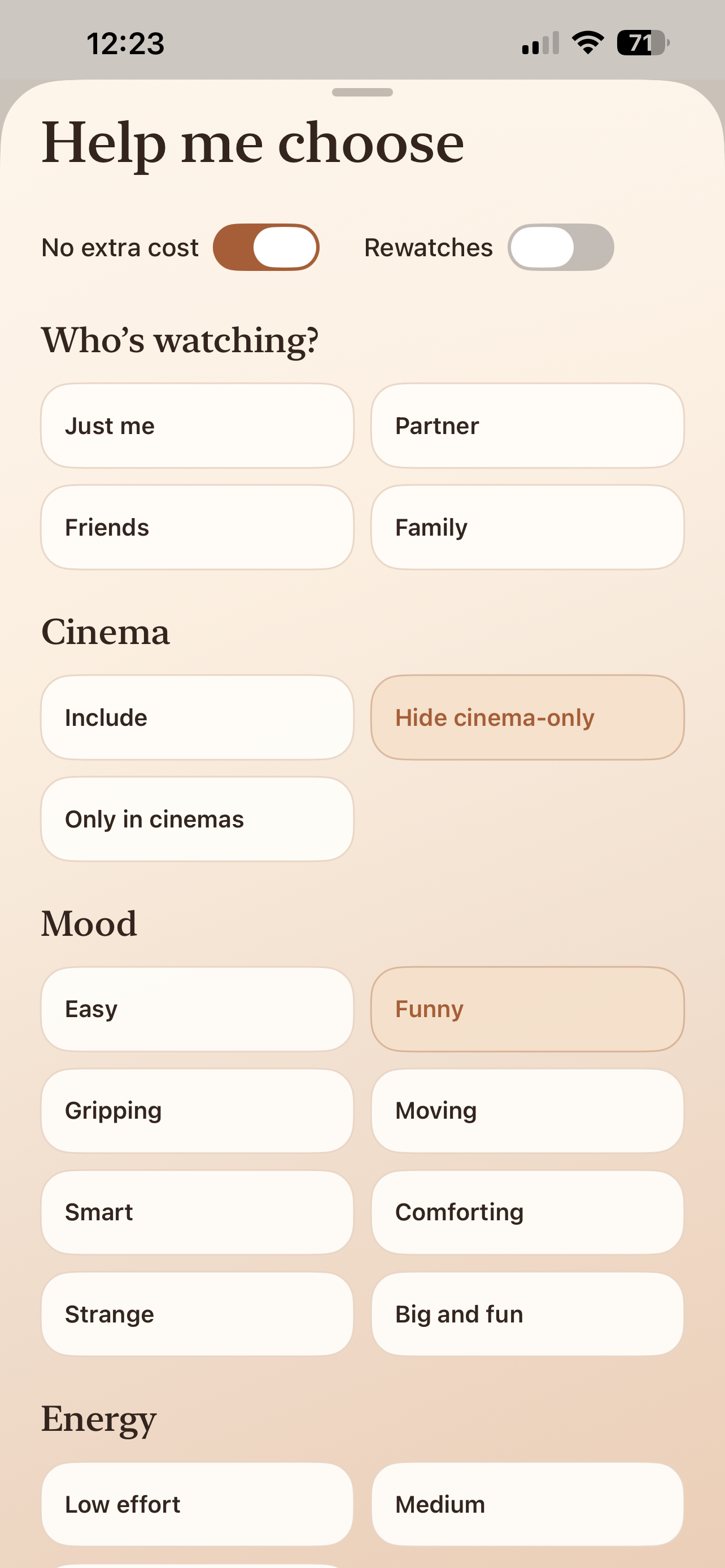 Faro Help Me Choose screen for setting mood, time, services and avoidances
